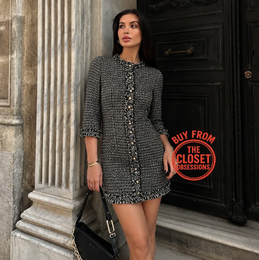 Zara NWT Gray Tweed Wool Blend Button Mini Dress L